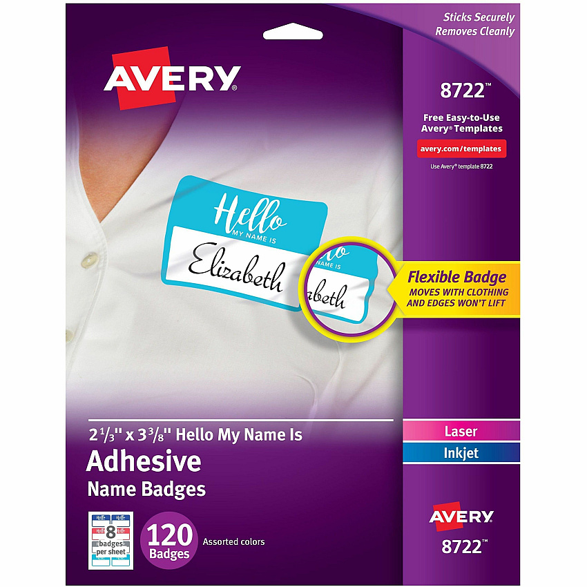 Avery Self-Adhesive Name Tags Hello My Name Is - 11" Height x 8 1/2" Width - Removable Adhesive - Rectangle - Laser, Inkjet - Matte - White - Film - Print-to-the Edge, Removable, Self-adhesive, Curl Resistant, Customizable - 8 / Sheet - 15 Total S (08722)