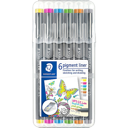 Staedtler Pigment Liner 308 0.5 mm Fine Pen Point - Assorted Ink - Pigment-based - Polypropylene Barrel - Metal Tip - 6 / Set (30805S2SB6)