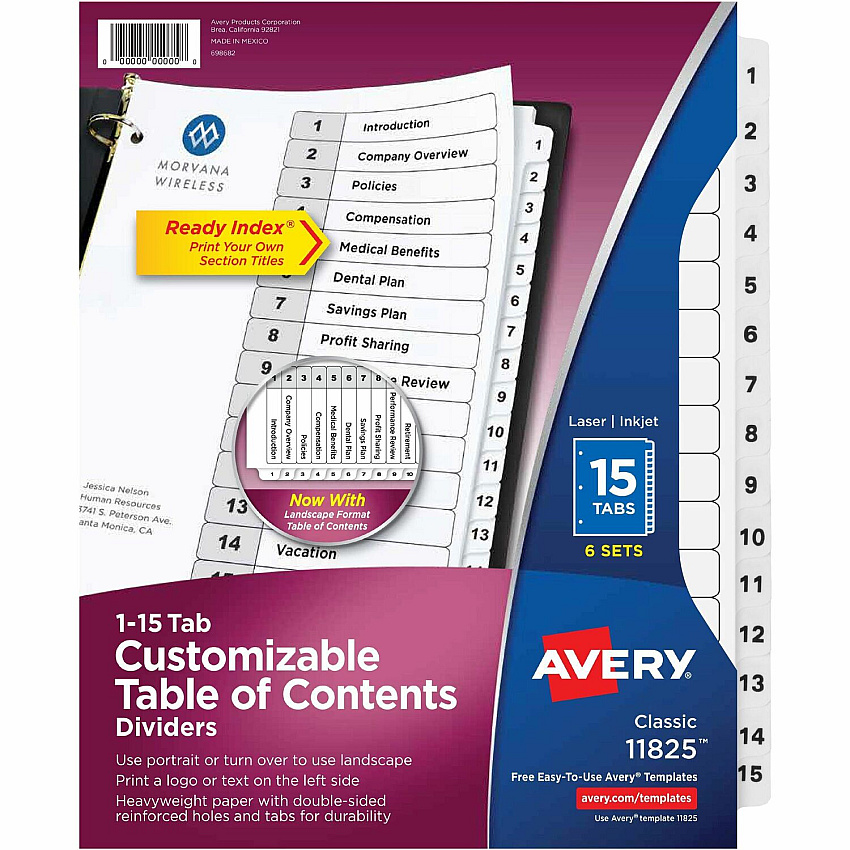 Avery&reg; 15-tab Custom Table of Contents Dividers 90 x Divider(s) - 1-15, Table of Contents - 15 Tab(s)/Set - 8.5" Divider Width x 11" Divider Length - 3 Hole Punched - White Paper Divider - White Paper Tab(s) - 6 / Pack (11825)