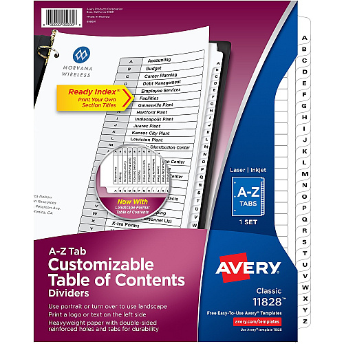 Avery&reg; A-Z Black & White Table of Contents Dividers 26 x Divider(s) - A-Z, Table of Contents - 26 Tab(s)/Set - 8.5" Divider Width x 11" Divider Length - 3 Hole Punched - White Paper Divider - White Paper Tab(s) - 26 / Set (11828)