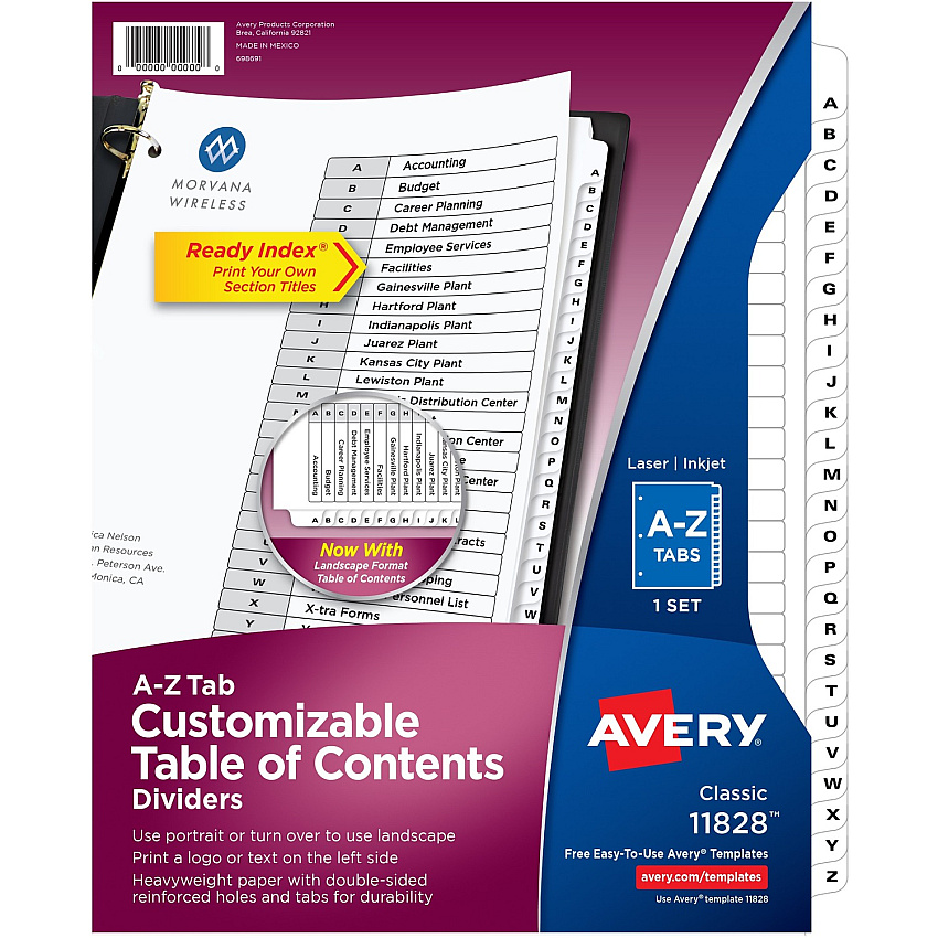 Avery&reg; A-Z Black & White Table of Contents Dividers 26 x Divider(s) - A-Z, Table of Contents - 26 Tab(s)/Set - 8.5" Divider Width x 11" Divider Length - 3 Hole Punched - White Paper Divider - White Paper Tab(s) - 26 / Set (11828)