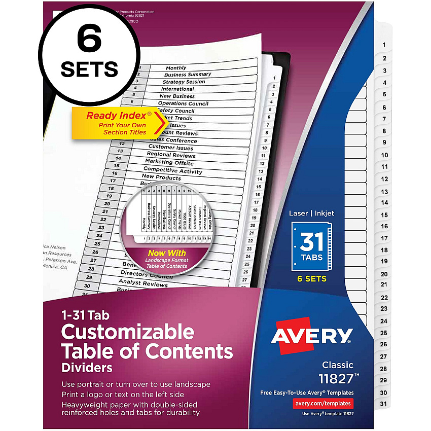 Avery&reg; 1-31 Custom Table of Contents Dividers 186 x Divider(s) - 1-31, Table of Contents - 31 Tab(s)/Set - 8.5" Divider Width x 11" Divider Length - 3 Hole Punched - White Paper Divider - White Paper Tab(s) - Hole-punched, Printable, Customiza (11827)