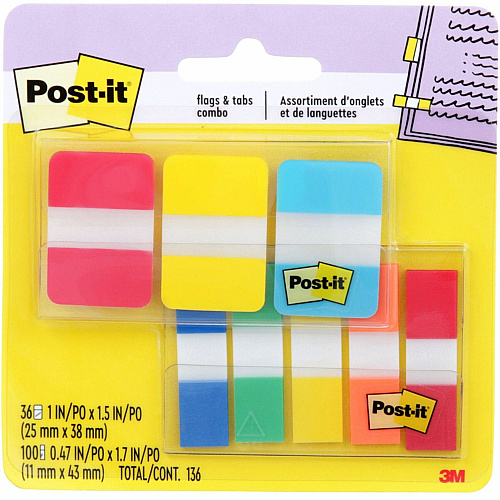 Post-it&reg; Tabs and Flags Combo Pack Red, Yellow, Blue, Green, Orange - Sticky, Adhesive - 136 / Pack (686COMBO1)