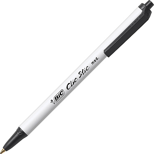 BIC Clic Stick 1.0mm Retractable Ball Pen 1 mm Medium Pen Point - Retractable - Black Ink - White Barrel - 60 / Box (CSM60BK)