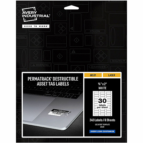 Avery&reg; PermaTrack Destructible Asset Tag Labels 0.75" Length x 2" Width - Rectangular - White - 240 / Pack (60531)