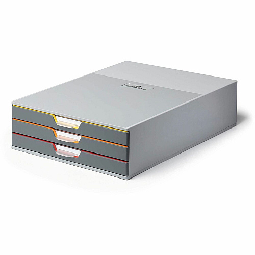 DURABLE VARICOLOR 3 Drawer Desktop Storage Box, Gray/Multicolor 3 Drawer(s) - 3.75" Height x 11" Width x 14" Depth - Desktop - Stackable, Labeling Area, Non-skid Feet - Gray - Plastic - 1 Each (760327)