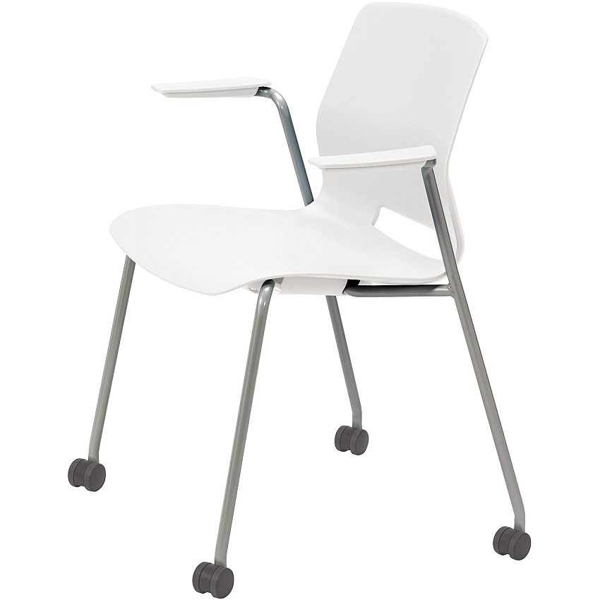 KFI Swey Mobile Multipurpose Stool with Arms White Seat Color - Polypropylene Seat Material - White Back Color - Polypropylene Back Material - Silver Frame Color - Stainless Steel Frame Material - Four-legged Base - 1 Each (CS2701P08)