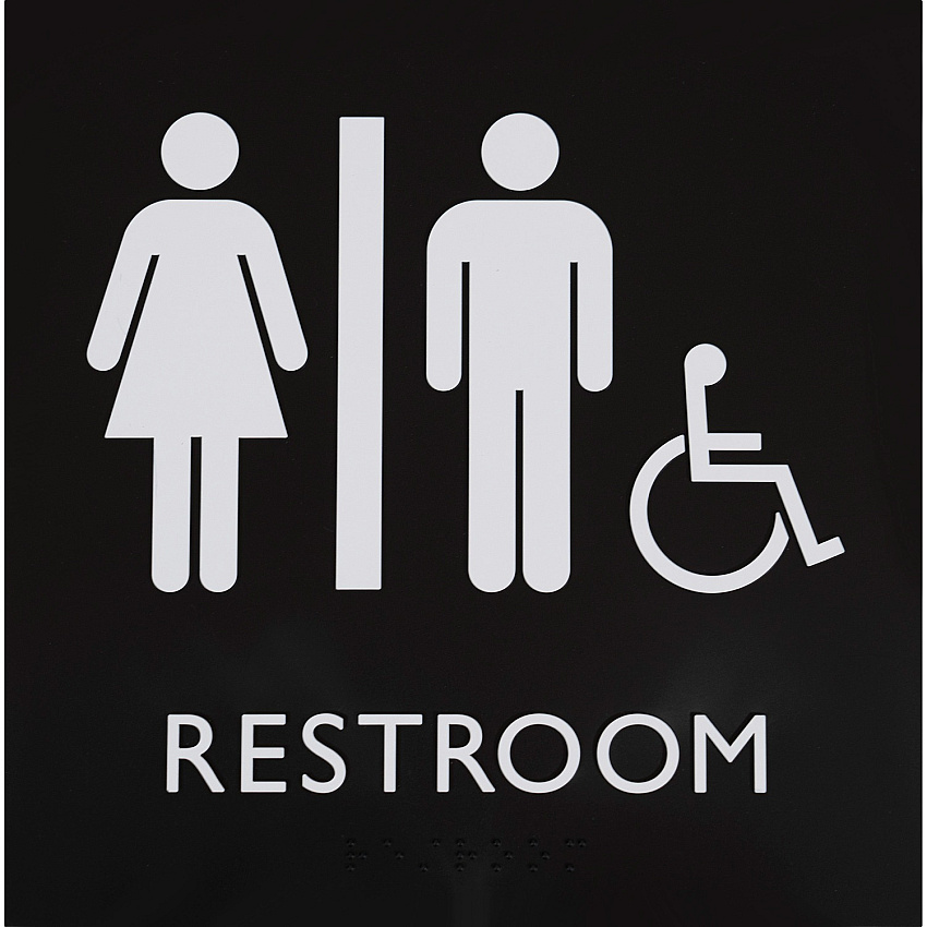 Lorell Unisex Handicap Restroom Sign 1 Each - Restroom (Man/Woman/Wheelchair) Print/Message - 8" Width x 8" Height - Square Shape - Surface-mountable - Easy Readability, Injection-molded - Restroom, Architectural - Plastic - Black (LLR02655)