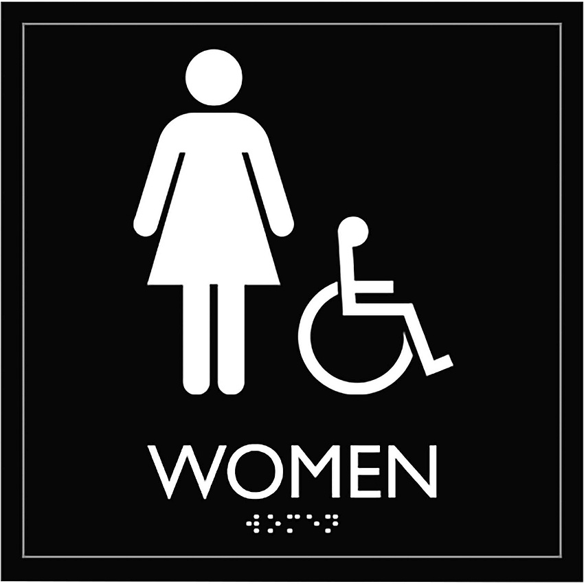 Lorell Women's Handicap Restroom Sign Print/Message "women's restroom/wheelchair accessible" - 8" Width x 8" Height - Square Shape - Surface-mountable - Easy Readability, Injection-molded - Restroom, Architectural - Plastic - Black - 1 Each (LLR02657)
