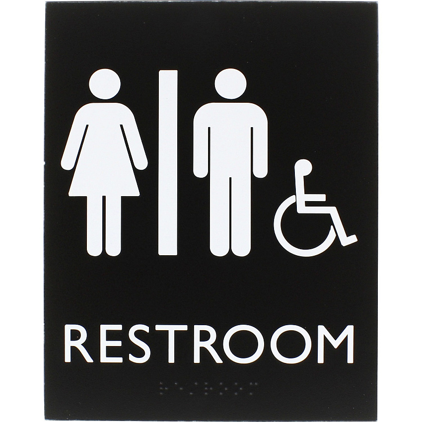 Lorell Unisex Handicap Restroom Sign Print/Message "Restroom (Man/Woman/Wheelchair)" - 6.4" Width x 8.5" Height - Rectangular Shape - Surface-mountable - Easy Readability, Braille - Restroom - Plastic - Black - 1 Each (LLR02664)