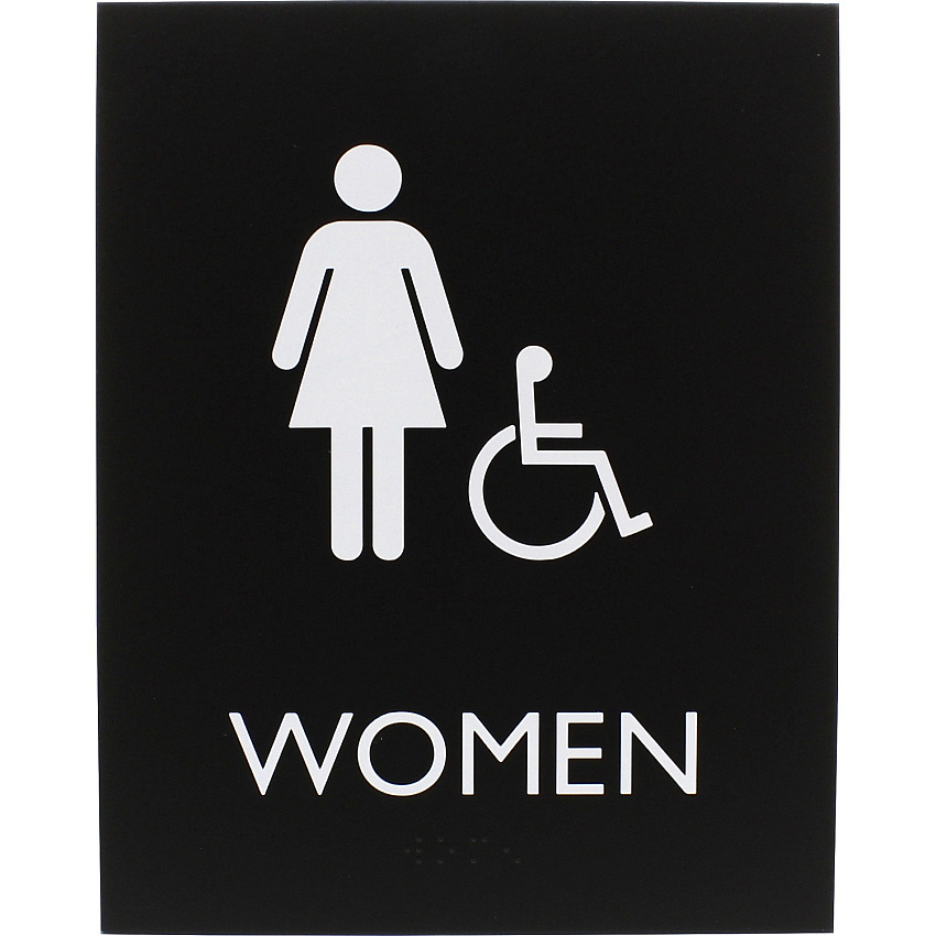 Lorell Women's Handicap Restroom Sign Print/Message "Women" - 6.4" Width x 8.5" Height - Rectangular Shape - Surface-mountable - Easy Readability, Braille - Plastic - Black - 1 Each (LLR02666)