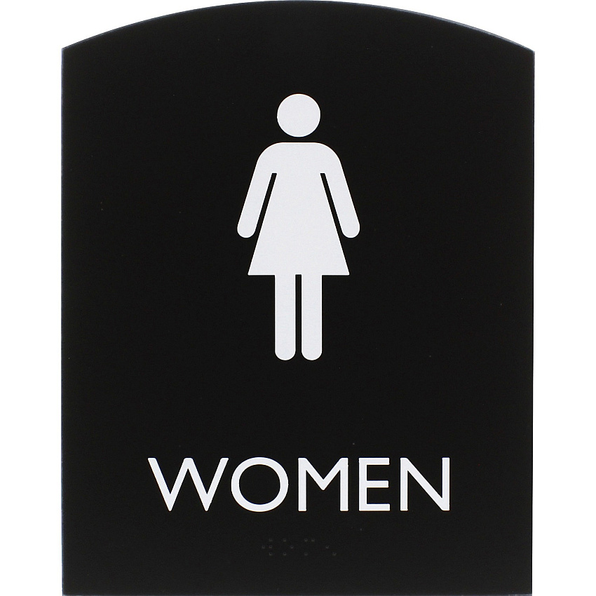 Lorell Arched Women's Restroom Sign Print/Message "Women" - 6.8" Width x 8.5" Height - Rectangular Shape - Surface-mountable - Easy Readability, Braille - Plastic - Black - 1 Each (LLR02674)
