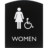 Lorell Arched Women's Handicap Restroom Sign Print/Message "Women" - 6.8" Width x 8.5" Height - Rectangular Shape - Surface-mountable - Easy Readability, Braille - Plastic - Black - 1 Each (LLR02675)