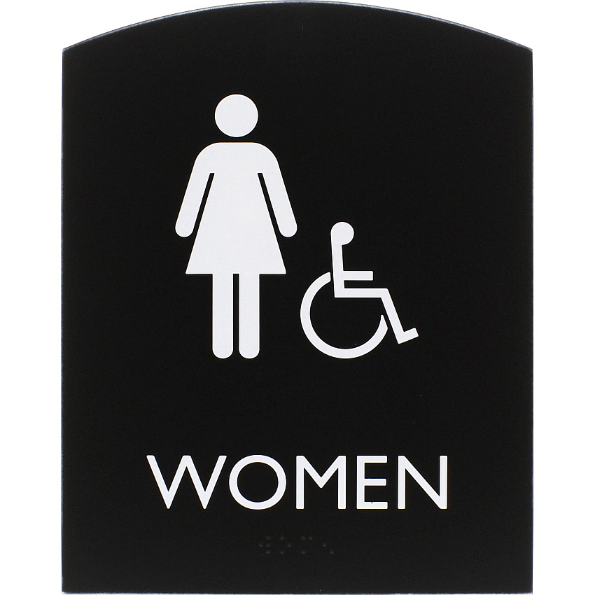 Lorell Arched Women's Handicap Restroom Sign Print/Message "Women" - 6.8" Width x 8.5" Height - Rectangular Shape - Surface-mountable - Easy Readability, Braille - Plastic - Black - 1 Each (LLR02675)