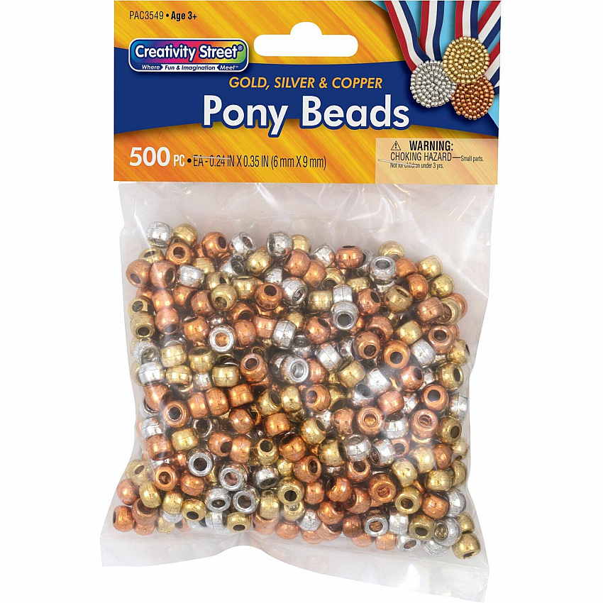 Pacon&reg; Pony Beads Pony Bead - Assorted, Gold, Copper, Silver (3549)