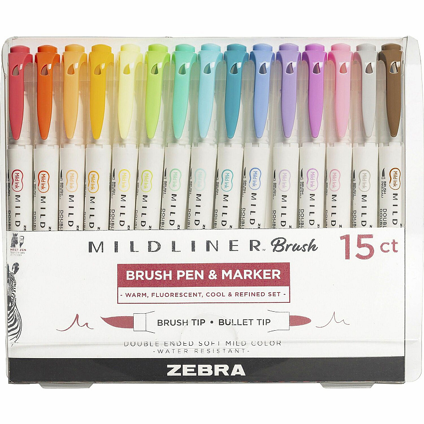 Zebra MILDLINER Dual Ended Brush Pen & Marker Set Medium Brush Pen Point - Fine Bullet Marker Point - Assorted Ink - Pigment-based - White Barrel - 15 / Pack (79115)