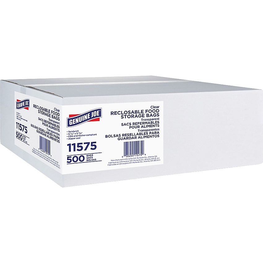 Genuine Joe Food Storage Bags Sandwich Size - 5.88" Length x 6.50" Width x 1.15 mil (29 Micron) Thickness - Zipper Closure - Clear - Food, Beef, Poultry, Seafood, Vegetables - 500/Box - 12 / Carton (GJO11575CT)