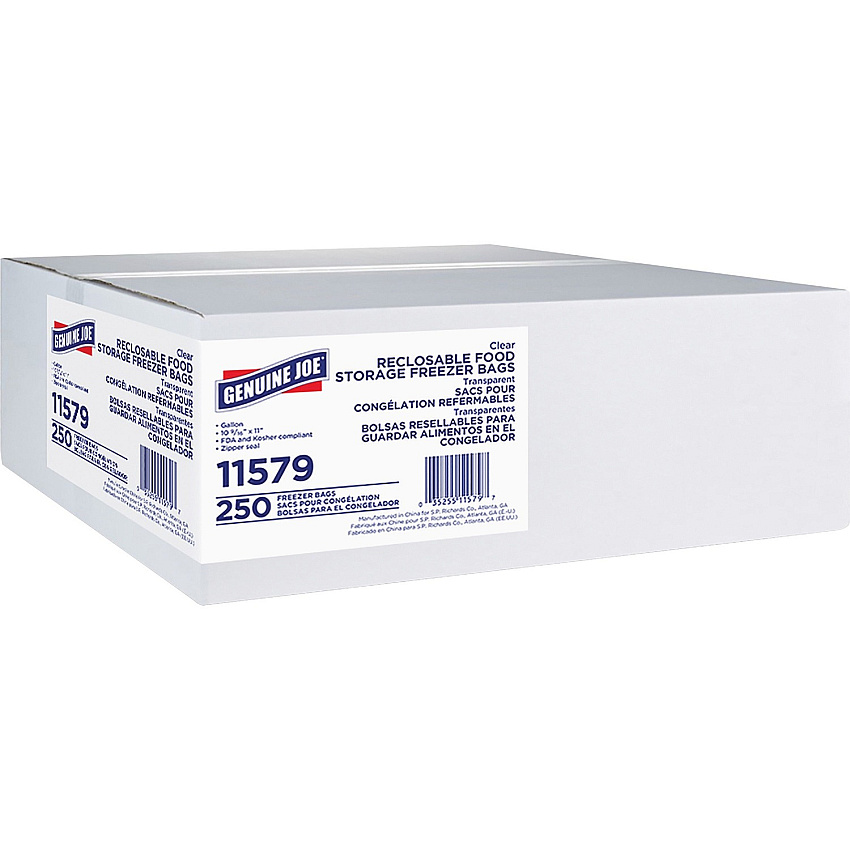 Genuine Joe Freezer Storage Bags 1 gal Capacity - 2.70 mil (69 Micron) Thickness - Zipper Closure - Clear - Beef, Poultry, Vegetables, Seafood, Food - 250/Box - 6 / Carton (GJO11579CT)