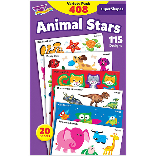 Trend Animal Fun Stickers Variety Pack Fun, Animal Theme/Subject - Sea Buddies, Owl-Stars, Puppy Pals Shape - Photo-safe, Non-toxic, Acid-free - 8" Height x 4.13" Width x 6.63" Length - Multicolor - 408 / Pack (46928)