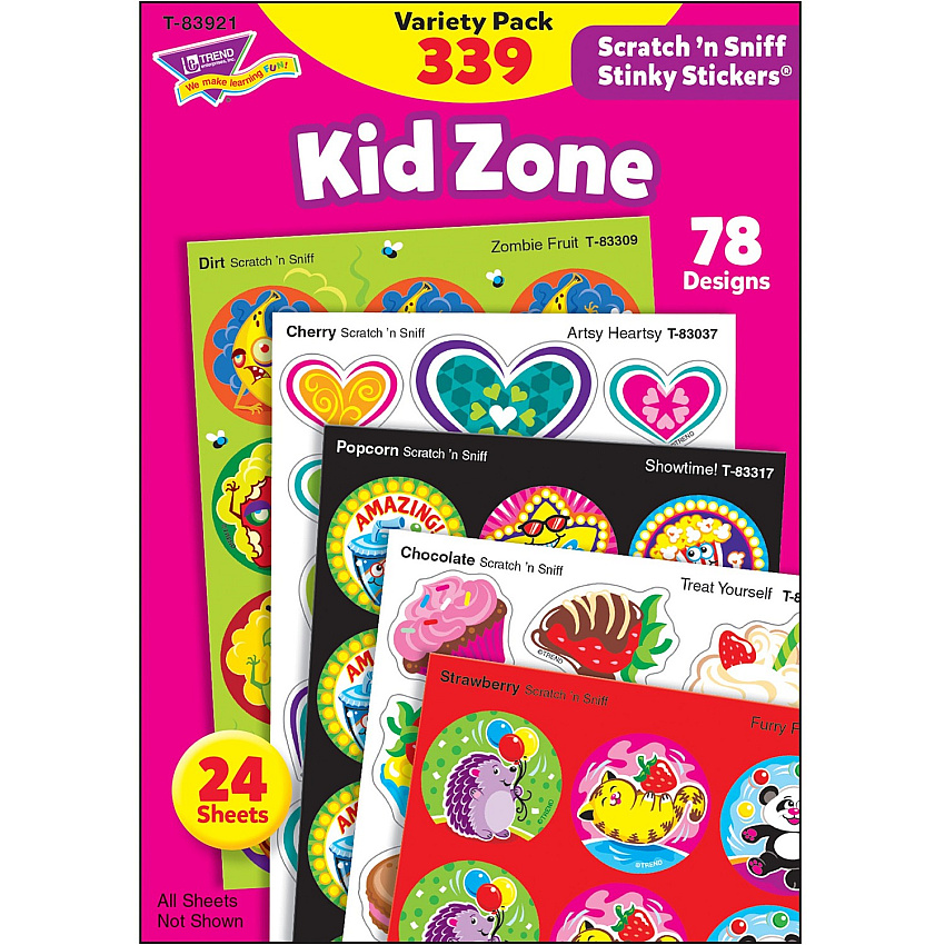 Trend Kid Zone Scratch 'n Sniff Stinky Stickers Furry Fun, Zombie Fruit, Bumper Blast, Artsy Heartsy, Hearty Fun, Party-palooza, Treat Yourself, Showtime! Shape - Acid-free, Non-toxic, Photo-safe, Scented - 5.88" Height x 4.13" Width x 0.19" Lengt (83921)