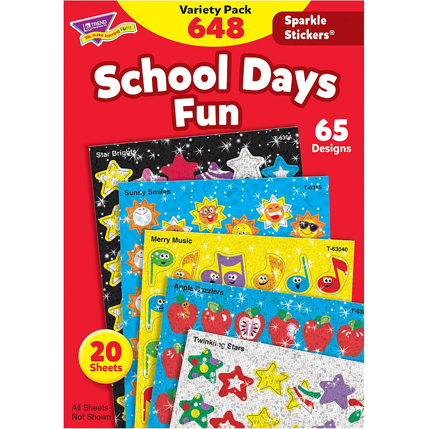 Trend Sparkle Stickers School Days Fun Stickers Fun Theme/Subject - Apple Dazzlers, Twinkling Stars, Merry Music, Brilliant Birthday, Sunny Smile, Star Bright Shape - Acid-free, Non-toxic, Photo-safe - 8" Height x 4.13" Width x 6" Length - Multico (63909)