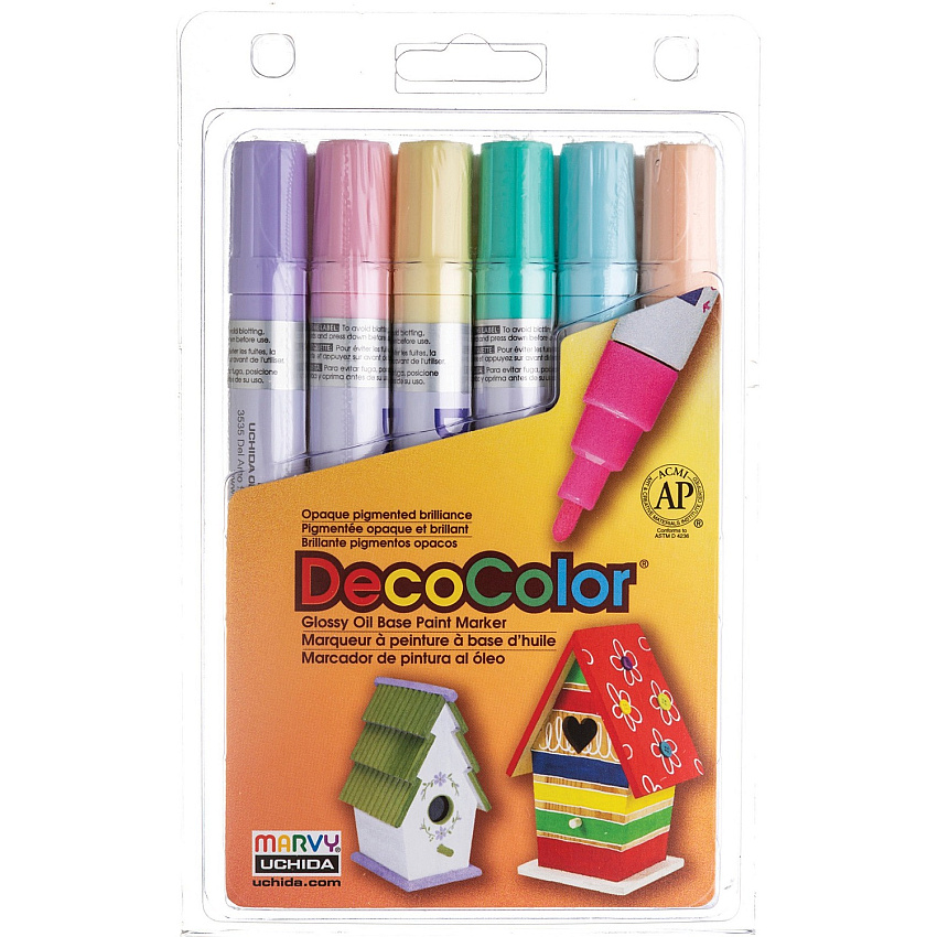 Marvy DecoColor Glossy Oil Base Paint Markers Broad Marker Point - Pale Violet, Cream Yellow, Pale Blue, Pastel Peach, Peppermint, Blush Pink Ink - Oil Based, Pigment-based - 6 / Set (3006B)
