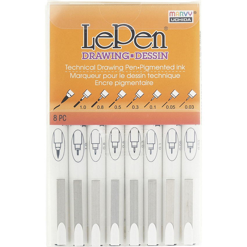 Marvy LePen Technical Drawing Pen Set 0.08 mm, 0.5 mm, 0.1 mm, 0.05 mm, 0.03 mm, 1 mm, 0.3 mm Pen Point Size - Brush Pen Point Style - Black Water Based, Pigment-based Ink - 8 / Pack (41008A)