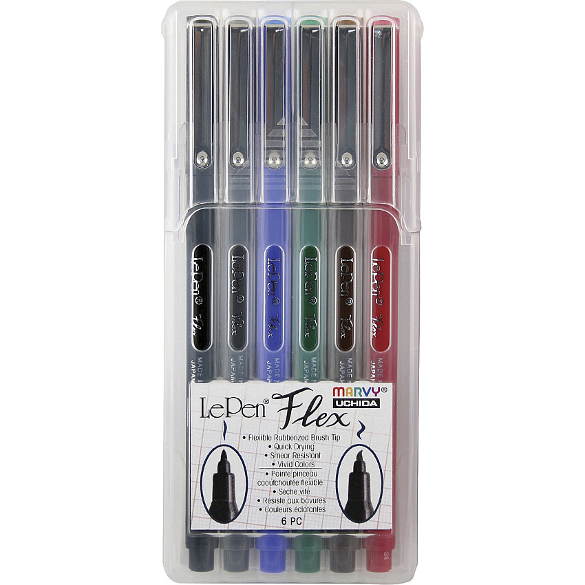 Marvy LePen Flex Brush Tip Pen Set Brush Pen Point - Black, Red, Blue, Green, Brown, Dark Gray Ink - Black, Red, Blue, Green, Brown, Dark Gray Barrel - Rubberized Tip - 6 / Set (48006A)
