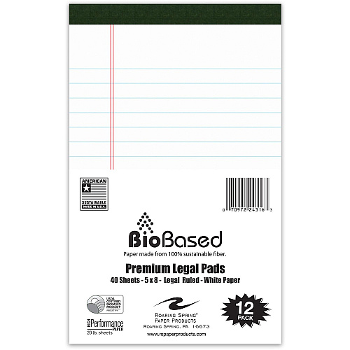 Roaring Spring USDA Certified Bio-Preferred Junior Size Legal Pads 40 Sheets - 80 Pages - Printed - Stapled/Tapebound - Both Side Ruling Surface - Double Line Red Margin - 20 lb Basis Weight - 75 g/m² Grammage - 8" x 5" Sheet Size - 3" Height (24316)