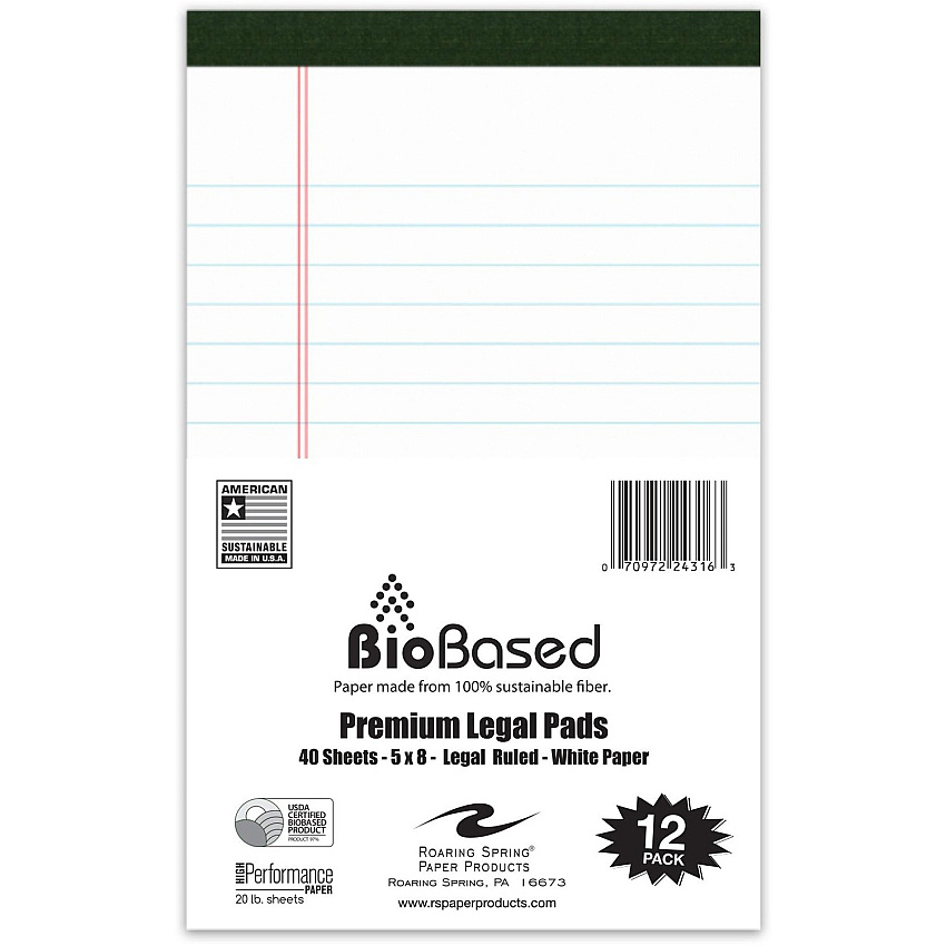 Roaring Spring USDA Certified Bio-Preferred Junior Size Legal Pads 40 Sheets - 80 Pages - Printed - Stapled/Tapebound - Both Side Ruling Surface - Double Line Red Margin - 20 lb Basis Weight - 75 g/m² Grammage - 8" x 5" Sheet Size - 3" Height (24316)