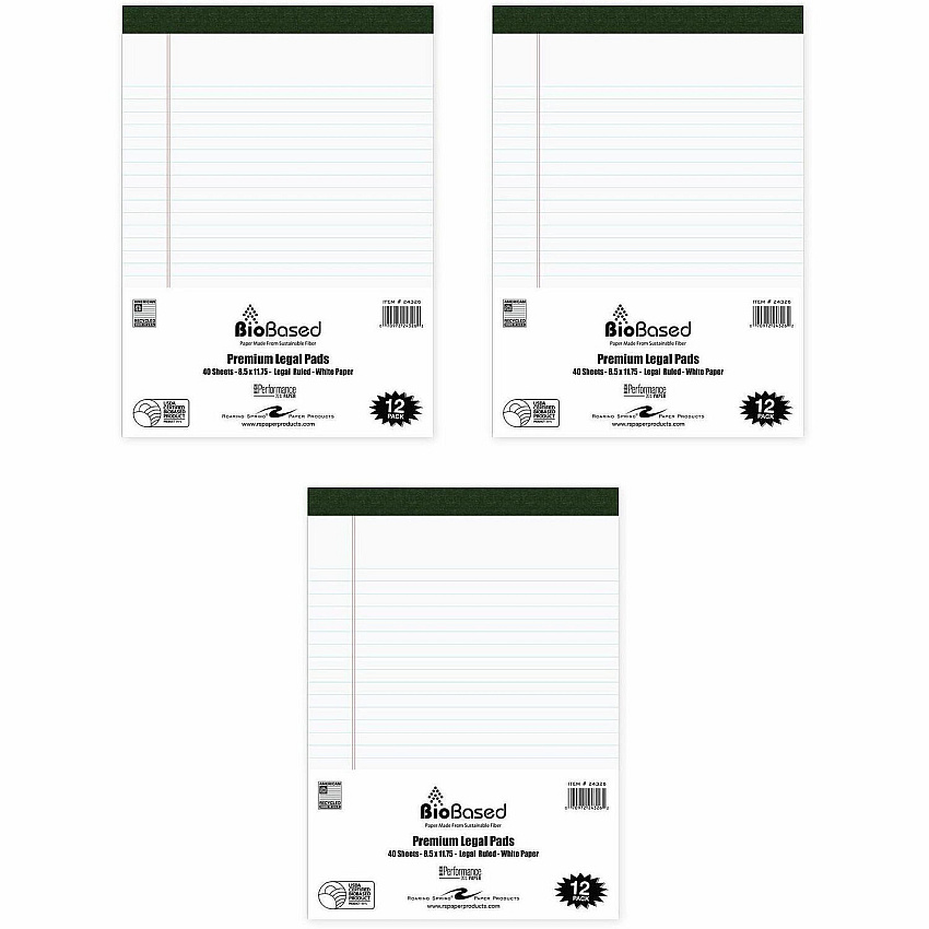 Roaring Spring USDA Certified Bio-Preferred Legal Pads 40 Sheets - 80 Pages - Printed - Stapled/Tapebound - Both Side Ruling Surface - Double Line Red Margin - 20 lb Basis Weight - 75 g/m² Grammage - 11 3/4" x 8 1/2" Sheet Size - 3" Height  (24326CS)