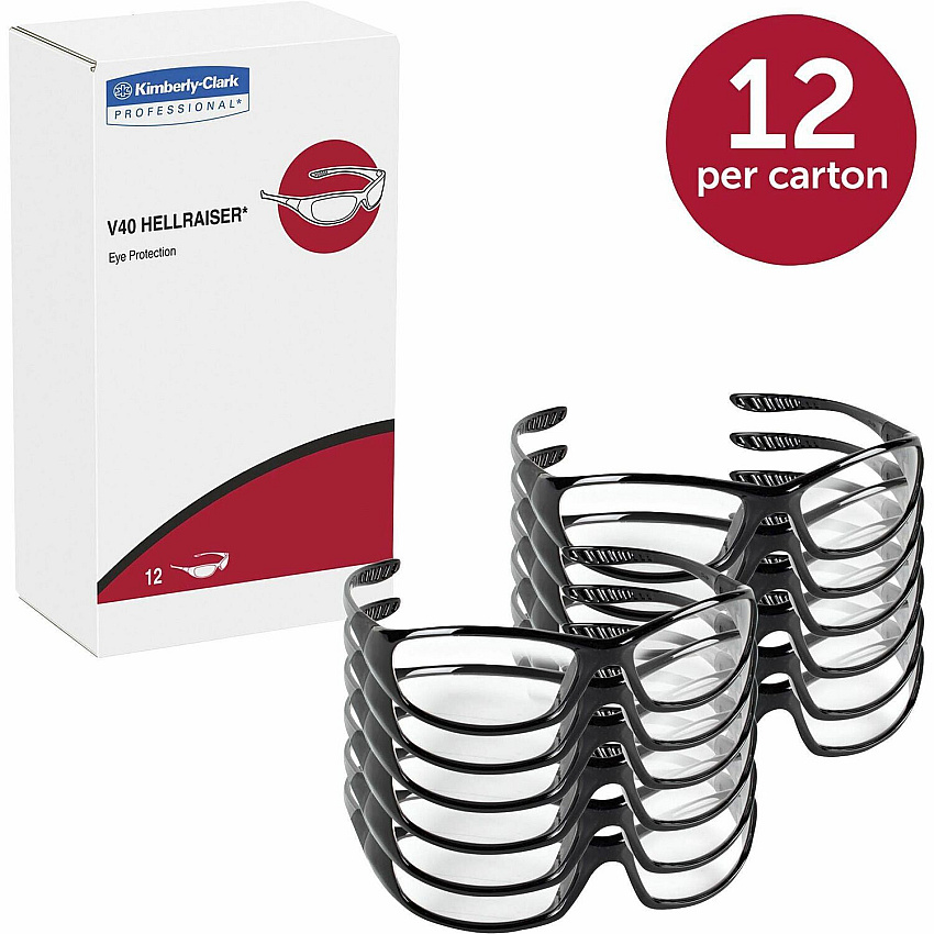 Kleenguard V40 Hellraiser Safety Eyewear Recommended for: Industrial, Manufacturing - Universal - Ultraviolet Protection - Clear Lens - Black Frame - Flex-Point Temple, Wraparound Lens, Scratch Resistant, Flex-Point Temple, Flexible, Comfortable (28615CT)