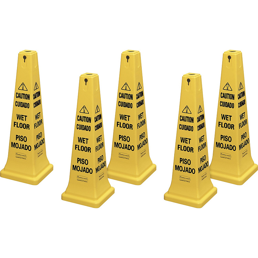 Rubbermaid Commercial 36" Safety Cone Spanish, English - Print/Message "Caution" , "Wet Floor" - 12.2" Width x 36" Height x 12.2" Depth - Cone Shape - Stackable, Sturdy - Plastic - Bright Yellow - 5 / Carton (627677CT)