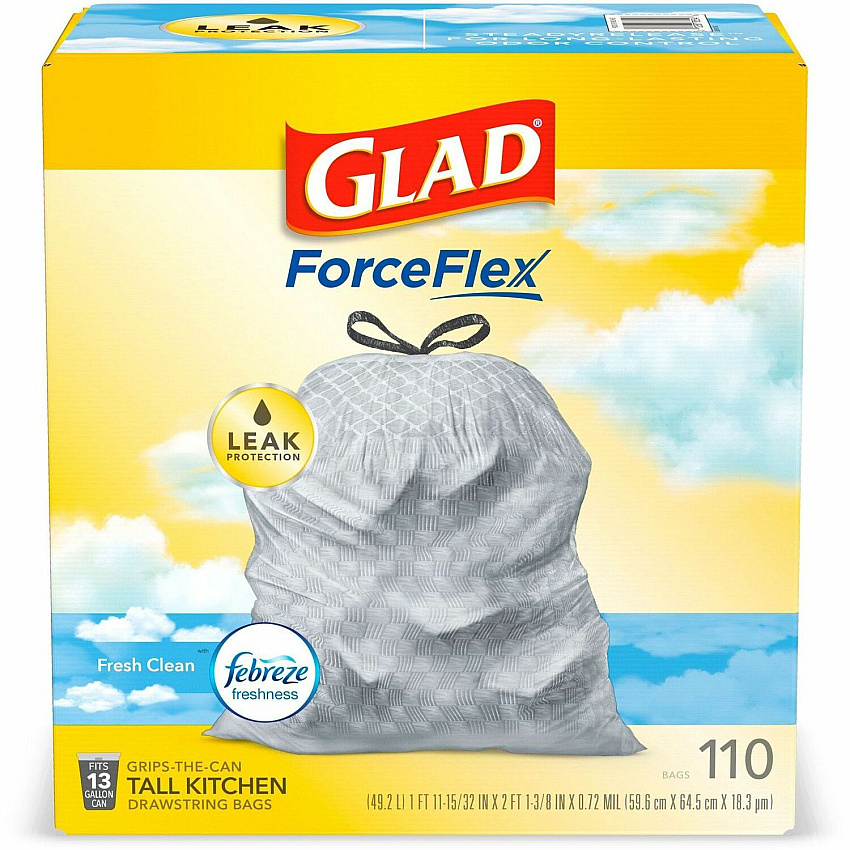 Glad ForceFlex Tall Kitchen Drawstring Trash Bags Fresh Clean with Febreze Freshness - 13 gal Capacity - 25.38" Length x 23.75" Width x 0.72 mil (18 Micron) Thickness - Drawstring Closure - White - Home, Office/ - 110 / Box (78563)