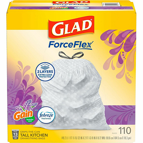 Glad ForceFlex Tall Kitchen Drawstring Trash Bags Gain Lavender with Febreze Freshness - 13 gal Capacity - 25.38" Length x 23.75" Width x 0.72 mil (18 Micron) Thickness - Drawstring Closure - White - Home, Office/ - 110 / Box (79157)