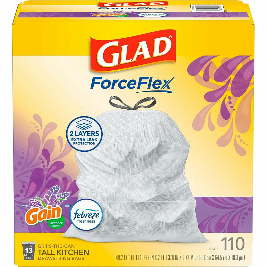 Glad ForceFlex Tall Kitchen Drawstring Trash Bags Gain Lavender with Febreze Freshness - 13 gal Capacity - 25.38" Length x 23.75" Width x 0.72 mil (18 Micron) Thickness - Drawstring Closure - White - Home, Office/ - 110 / Box (79157)