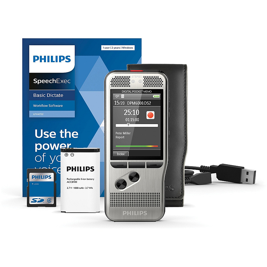 Philips Pocket Memo Voice Recorder (DPM6000) Omni-directional Microphone - microSD, microSDHC Supported - DSS, MP3, WAV - Standard Play, Quality Play - USB - Headphone - Portable (DPM600002)