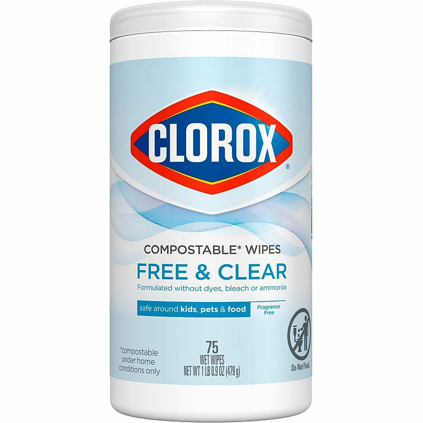 Clorox Free & Clear Compostable All Purpose Cleaning Wipes 4.25" Length x 4.25" Width - Fragrance-free, Dye-free, Residue-free, Durable - White - 75/Tub - 1 Each (32486)