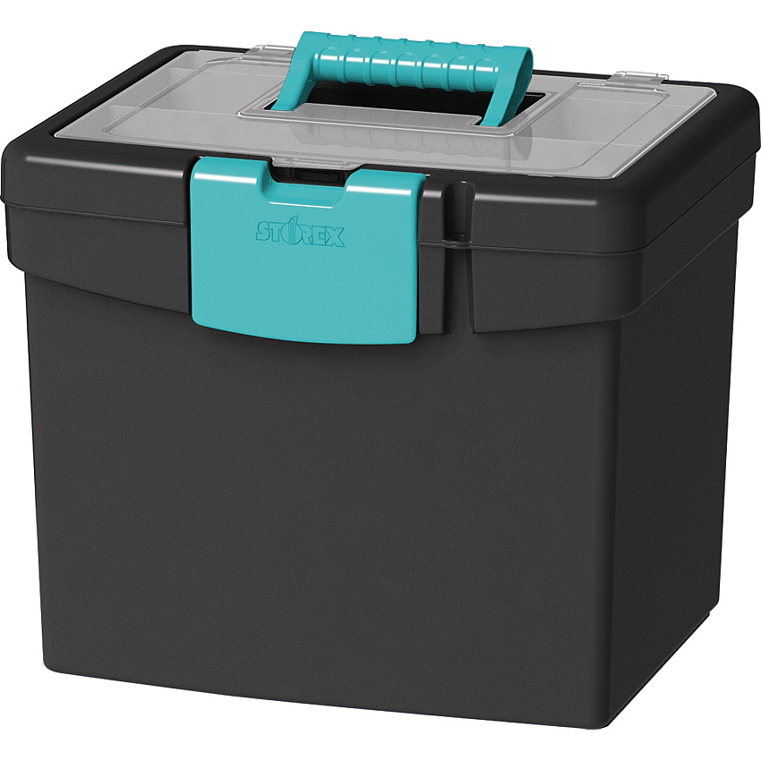 Storex File Storage Box with XL Storage Lid External Dimensions: 10.9" Length x 13.3" Width x 11" Height - 30 lb - Media Size Supported: Letter 8.50" x 11" - Clamping Latch Closure - Plastic - Black, Teal - For File, Folder - 1 Each (61414B02C)