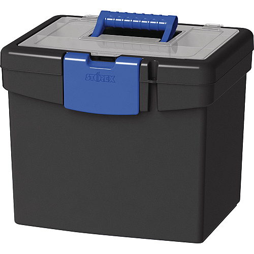 Storex File Storage Box with XL Storage Lid External Dimensions: 10.9" Length x 13.3" Width x 11" Height - 30 lb - Media Size Supported: Letter 8.50" x 11" - Clamping Latch Closure - Plastic - Black, Blue - For File, Folder - 1 Each (61415B02C)