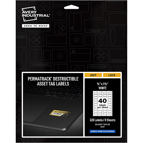 Avery&reg; PermaTrack Destructible Asset Tag Labels, 3/4" x 1-1/2" , 320 Asset Tags Waterproof - 3/4" Widthss x 1 1/2" Length - Permanent Adhesive - Rectangle - Laser - White - Film - 40 / Sheet - 40 Total Sheets - 320 Total Label(s) - 320/Pack -  (60529)