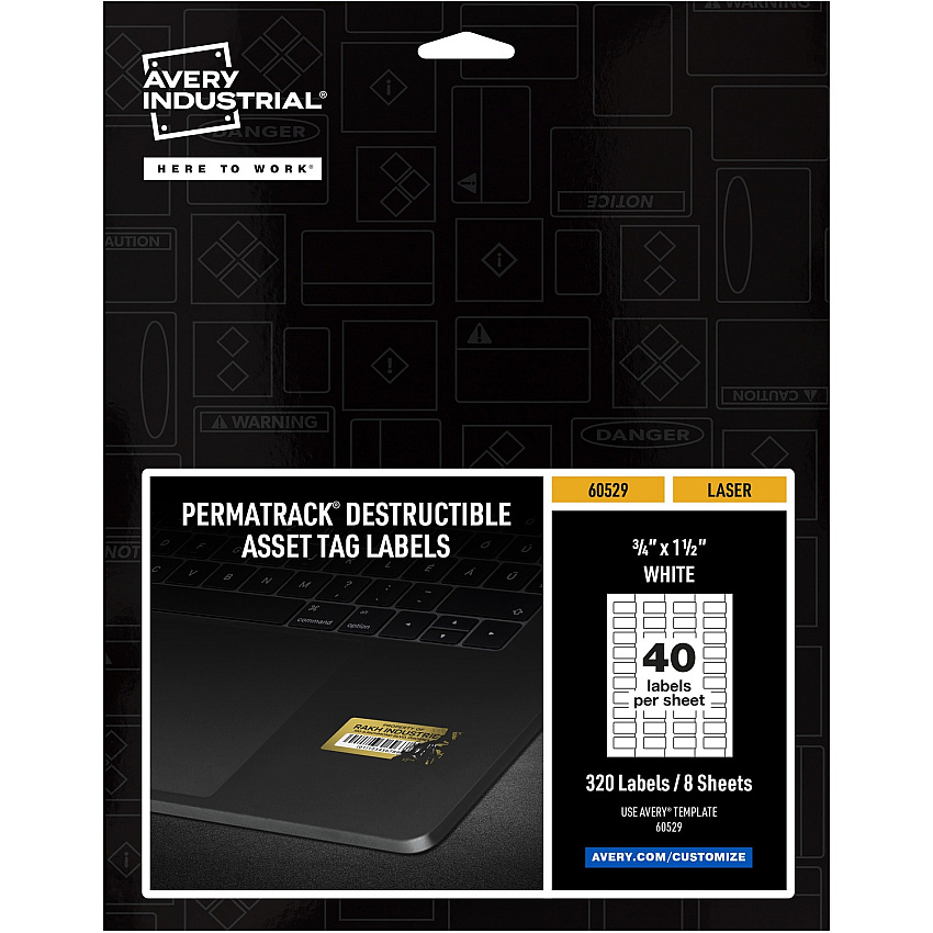 Avery&reg; PermaTrack Destructible Asset Tag Labels, 3/4" x 1-1/2" , 320 Asset Tags Waterproof - 3/4" Widthss x 1 1/2" Length - Permanent Adhesive - Rectangle - Laser - White - Film - 40 / Sheet - 40 Total Sheets - 320 Total Label(s) - 320/Pack -  (60529)