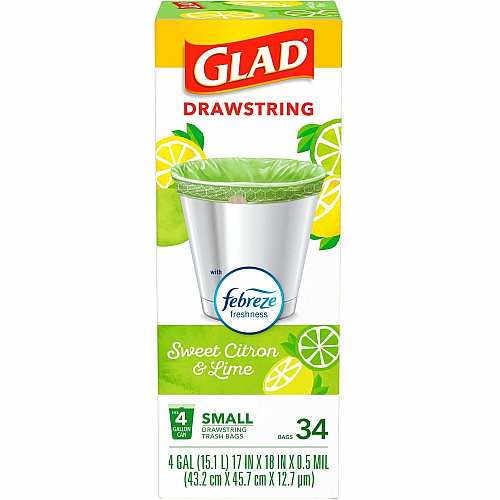 Glad Small Kitchen Drawstring Trash Bags Febreze Sweet Citron & Lime - 4 gal Capacity - Drawstring Closure - Green - Home Office, Bathroom, Kitchen, Laundry - 34 / Box (79120)
