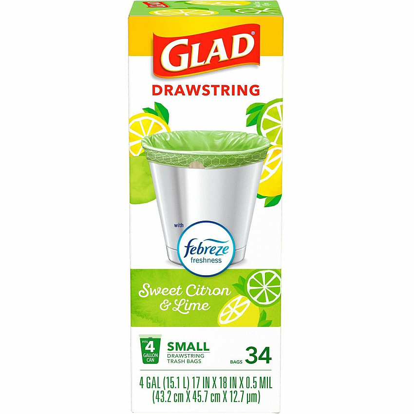 Glad Small Kitchen Drawstring Trash Bags Febreze Sweet Citron & Lime - 4 gal Capacity - Drawstring Closure - Green - Home Office, Bathroom, Kitchen, Laundry - 34 / Box (79120)