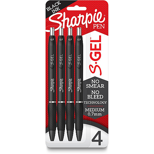 Sharpie S-Gel Pens 0.7 mm Medium Pen Point - Refillable - Retractable - Black Ink - Gel-based - Black Barrel - 4 / Pack (2096134)