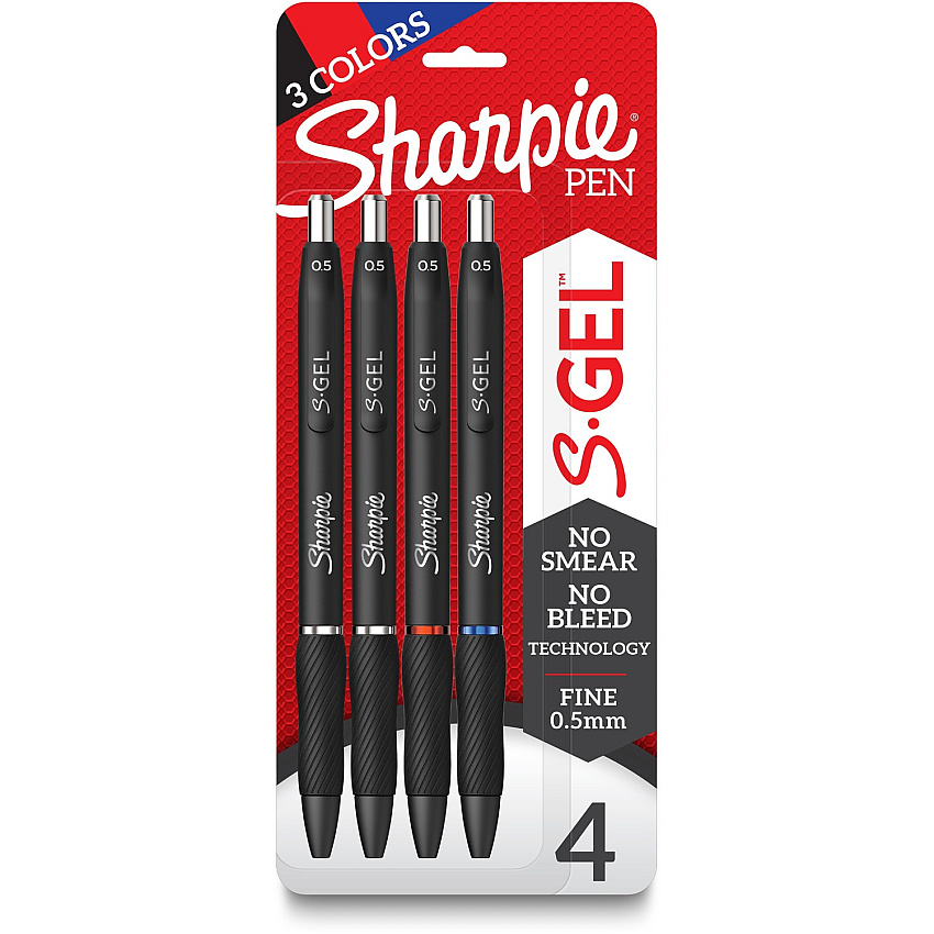 Sharpie S-Gel Pens 0.5 mm Pen Point - Blue, Black, Red Ink - Gel-based - Black Barrel - 4 / Pack (2116199)