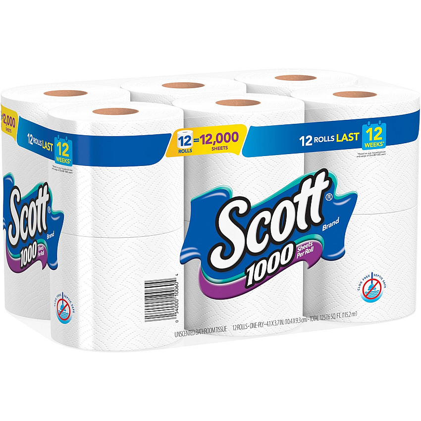 Scott&reg; Standard Toilet Paper Rolls, 1-Ply, 1000 Sheets, 12 Rolls 1 Ply - 3.70" Width x 4.10" Length - 1000 Sheets/Roll - White - 12 / Pack (10060)