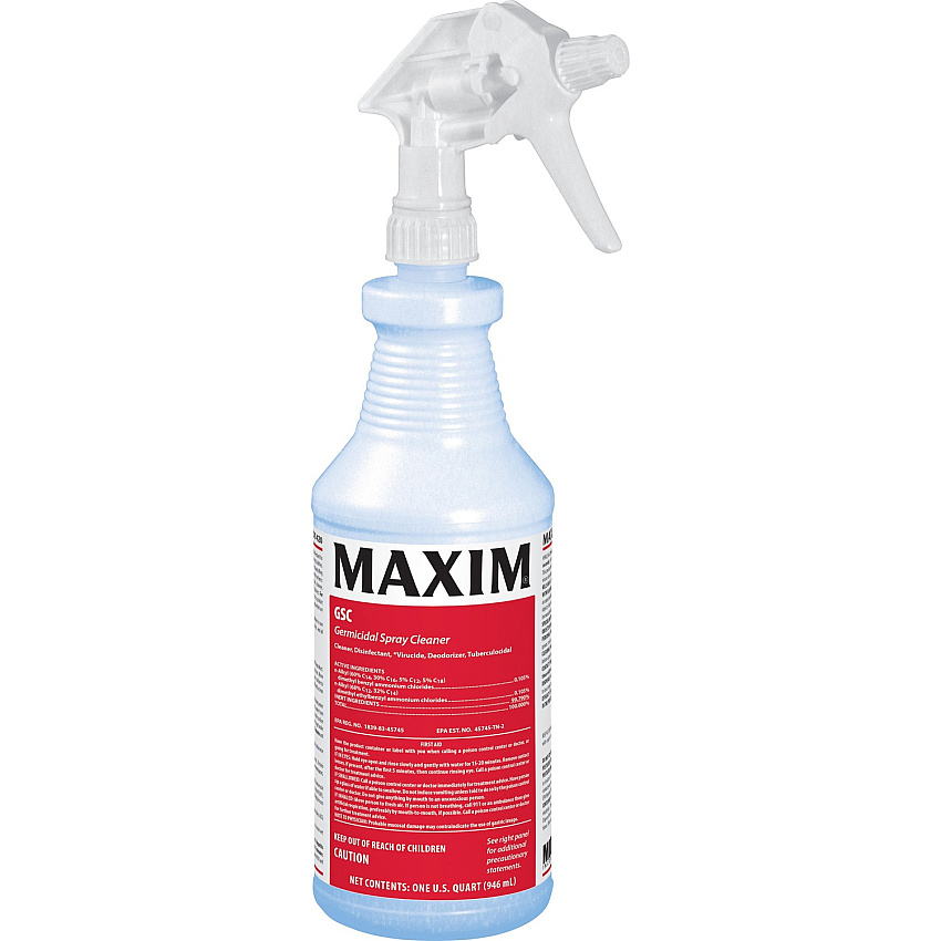 Maxim Germicidal Spray Cleaner Ready-To-Use - 32 fl oz (1 quart) - Lemon Scent - Non-abrasive, Disinfectant, Easy to Use - Clear - 12 / Carton (04200012)