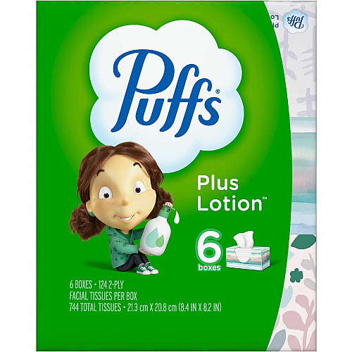 Puffs Plus Lotion Facial Tissue 2 Ply - 8.20" Width x 8.40" Length - White - 124/Box - 6 / Pack (39383)