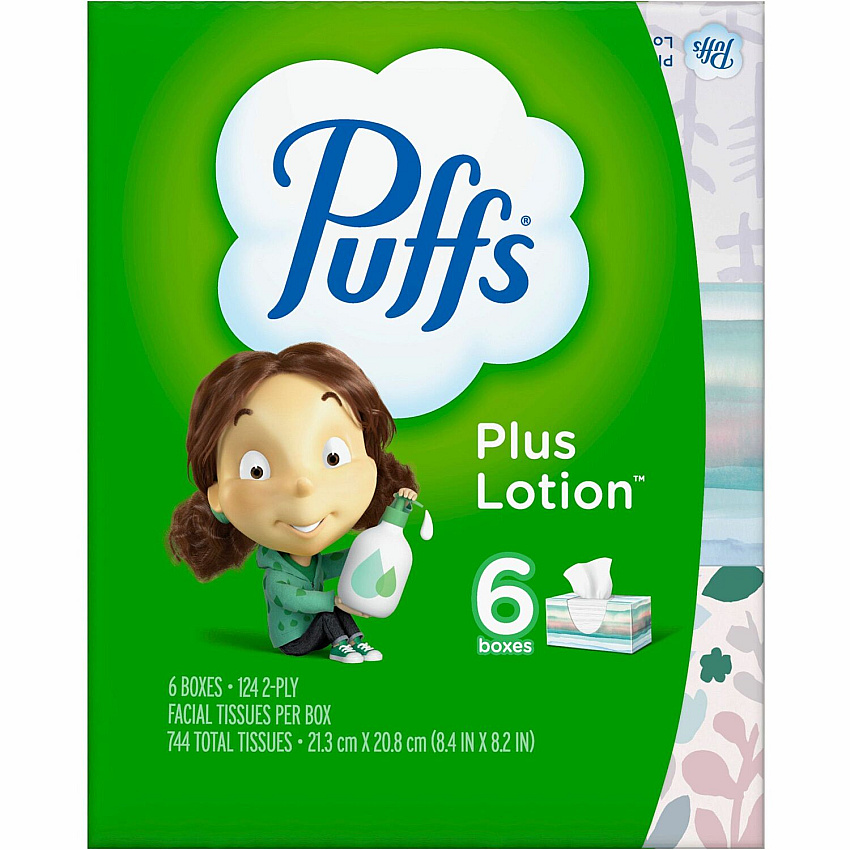 Puffs Plus Lotion Facial Tissue 2 Ply - 8.20" Width x 8.40" Length - White - 124/Box - 6 / Pack (39383)